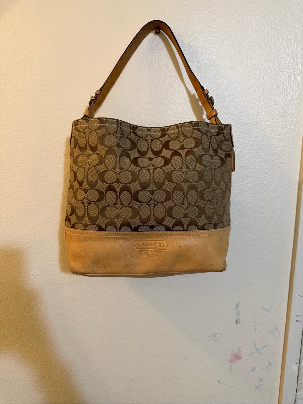 Coach Leatherware Signature Tan Brown Canvas Leather Trim Hobo Shoulder Bag